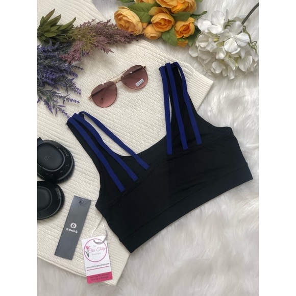 Mono B Womens size S Sports Bra Criss Cross top Royal Blue Black multi straps - Picture 11 of 13
